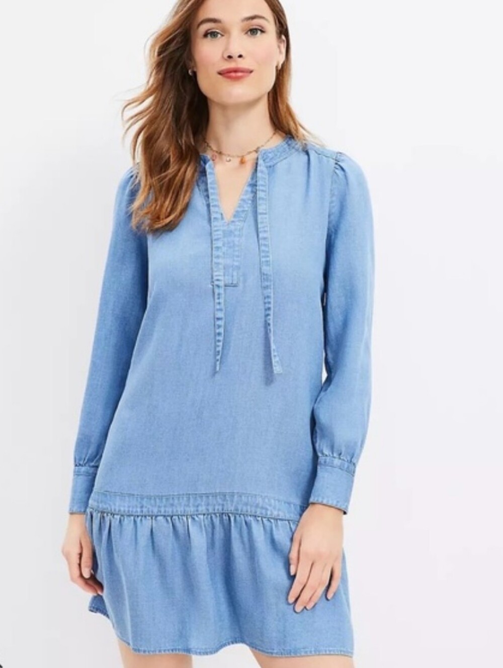 LOFT Women's Chambray Denim  Tie-Neck Long Sleeve Mini Dress Size Small